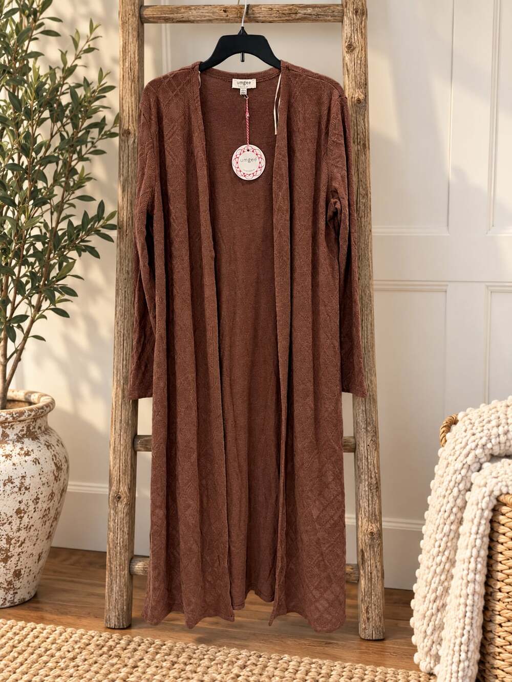 NWT Umgee Open Front Long Duster Cardigan Sz L Brown Knit Sweater